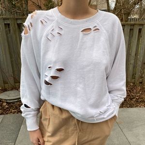 White Oversized Distressed Crewneck